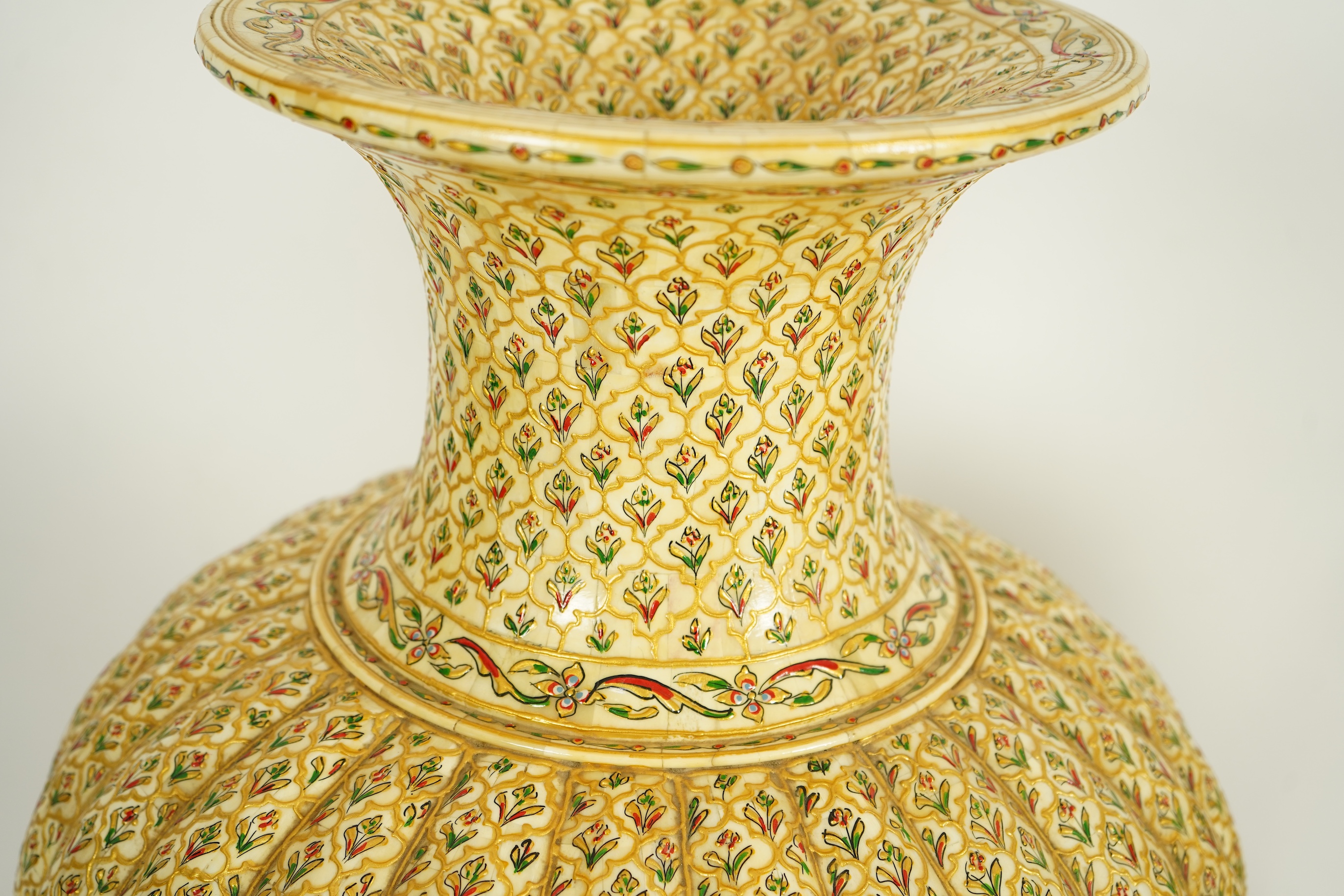 A pair of large Indian painted bone veneered vases, in Mughal style